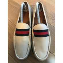 Load image into Gallery viewer, Gucci White Leather Loafers with Burgundy &amp; Blue Strap
